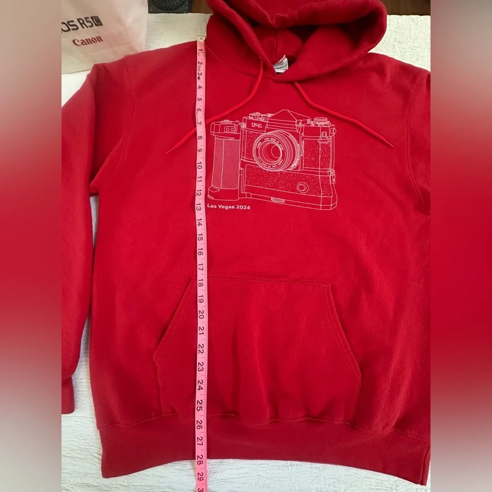 Red Champion graphic hoodie with camera design and Canon Camera print tote. - Picture 5 of 10